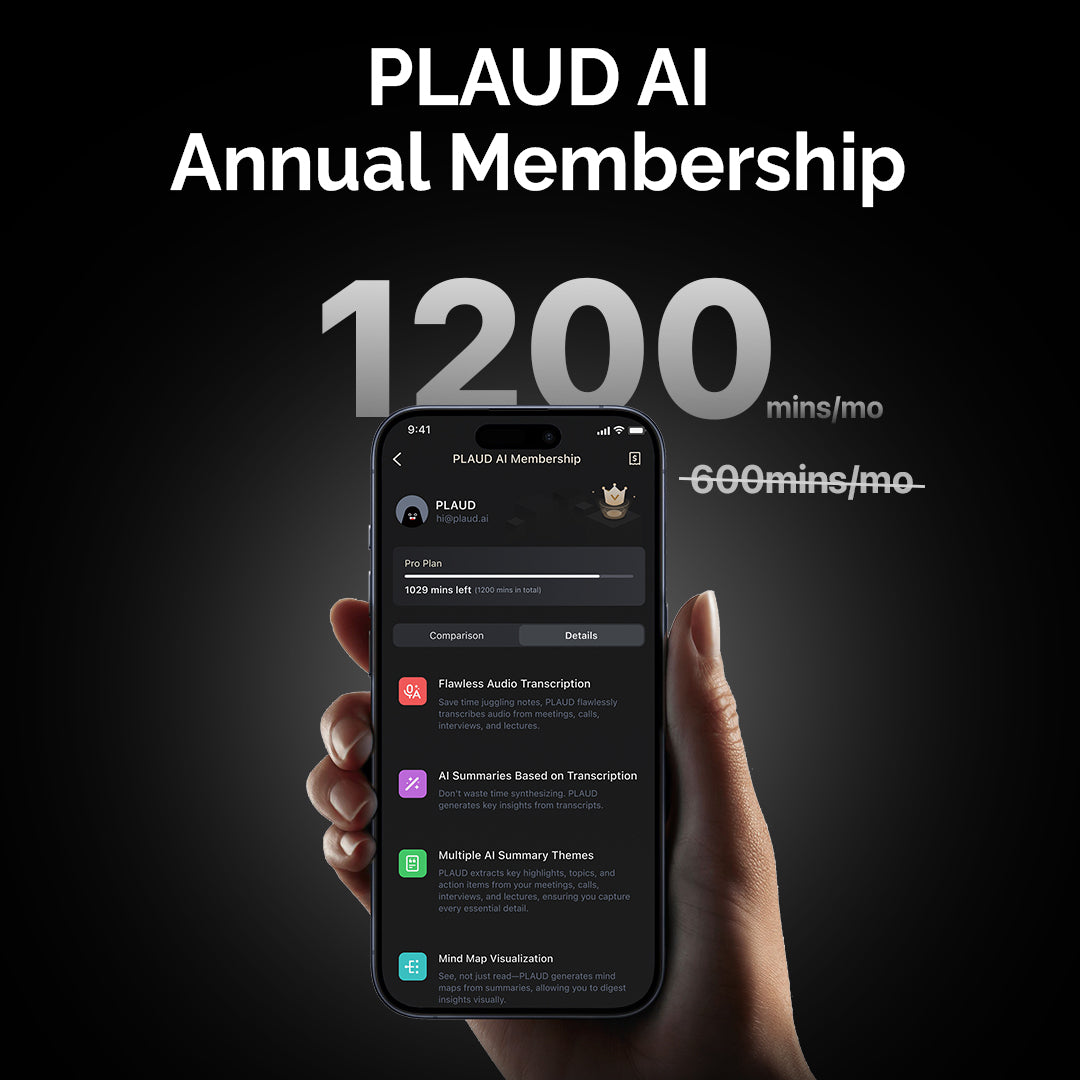 PLAUD AI Annual Pro Plan & Transcription Quota (6000/3000/600mins)