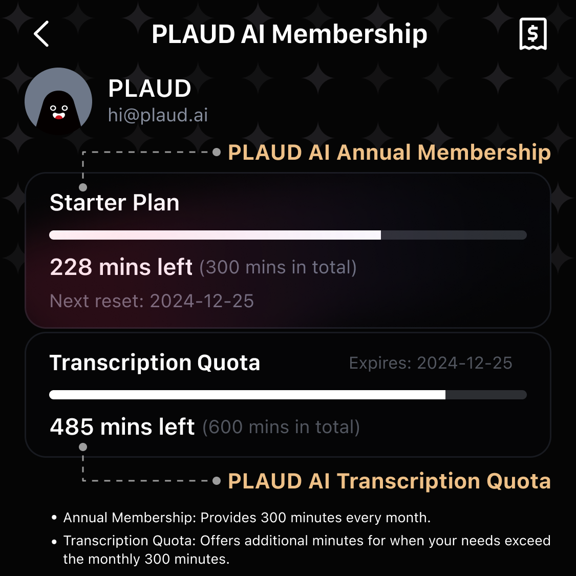 PLAUD AI Annual Pro Plan & Transcription Quota (6000/3000/600mins)