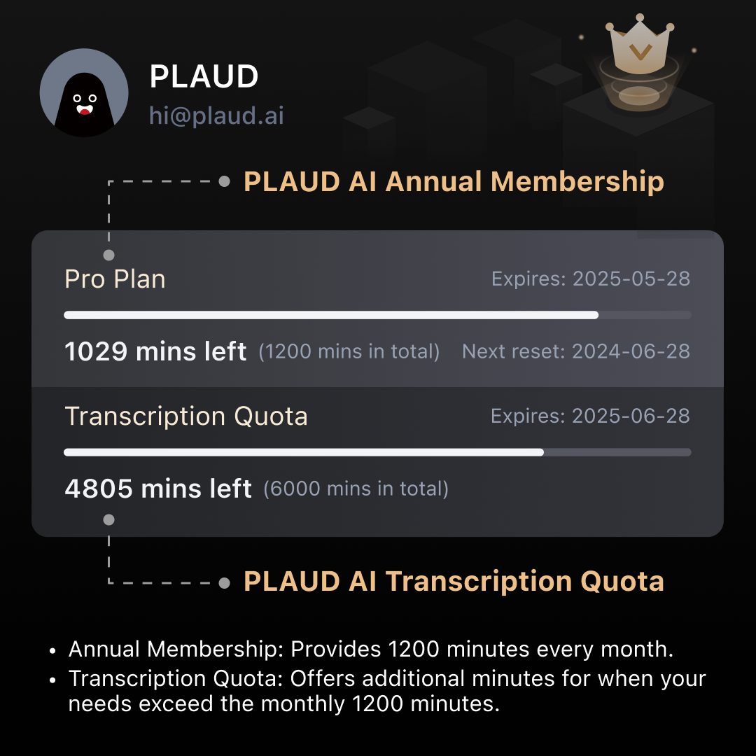 PLAUD AI Annual Pro Plan & Transcription Quota (6000/3000/600mins)