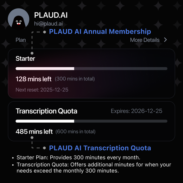 PLAUD AI Transcription Quota (6000/3000/600mins)
